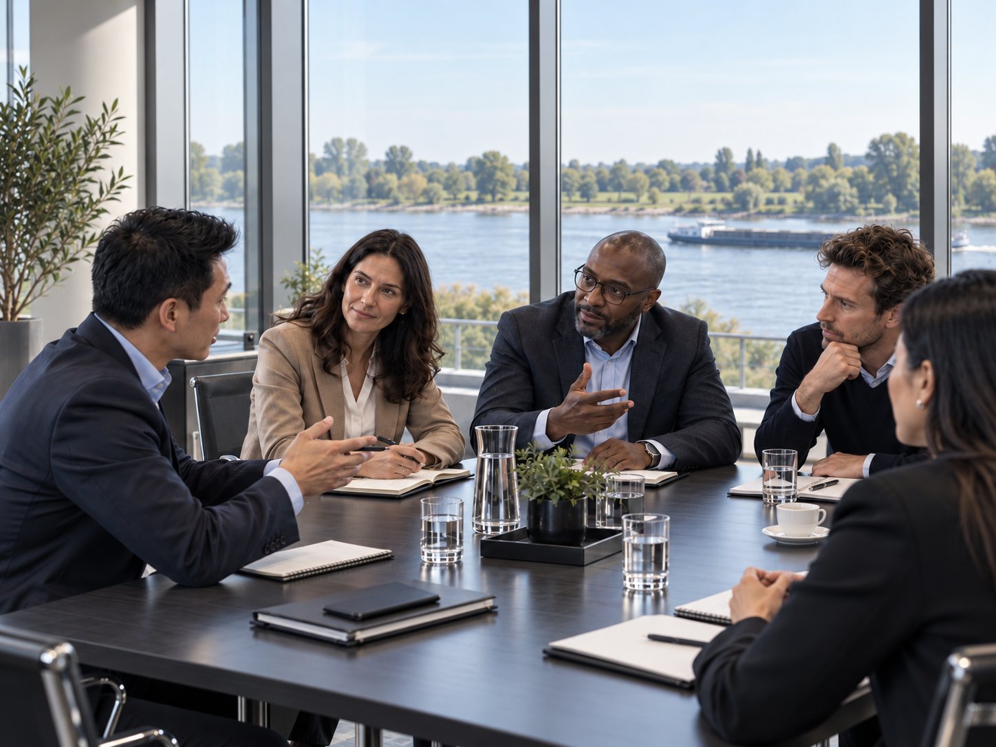 KI-generiert: Strategieteam im Gespräch an einem Konferenztisch mit Flussblick