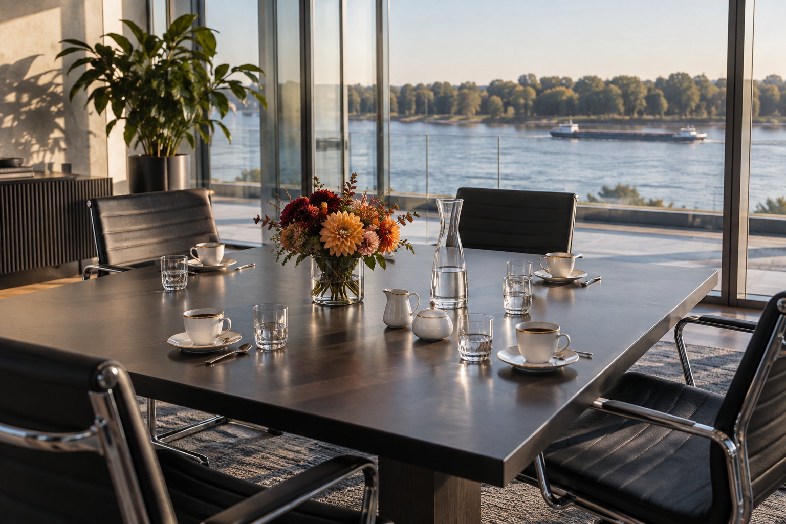 KI-generiert: Leerer, gedeckter Besprechungstisch vor einer Glasfront mit Blick auf einen Fluss