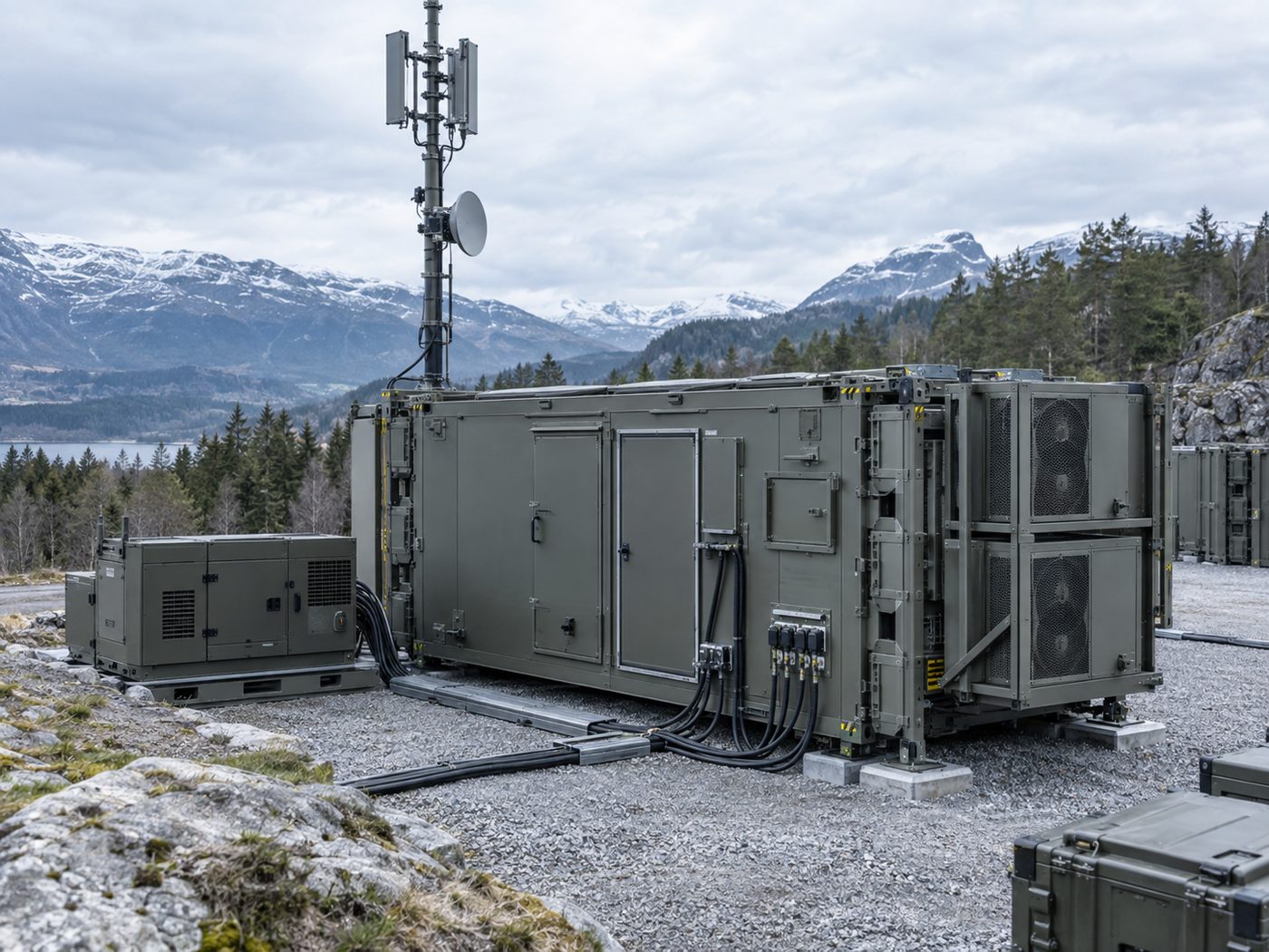 KI-generiert: Konzeptdarstellung eines containerbasierten Infrastrukturmoduls mit Antennenmast und Anschlüssen in Gebirgslandschaft