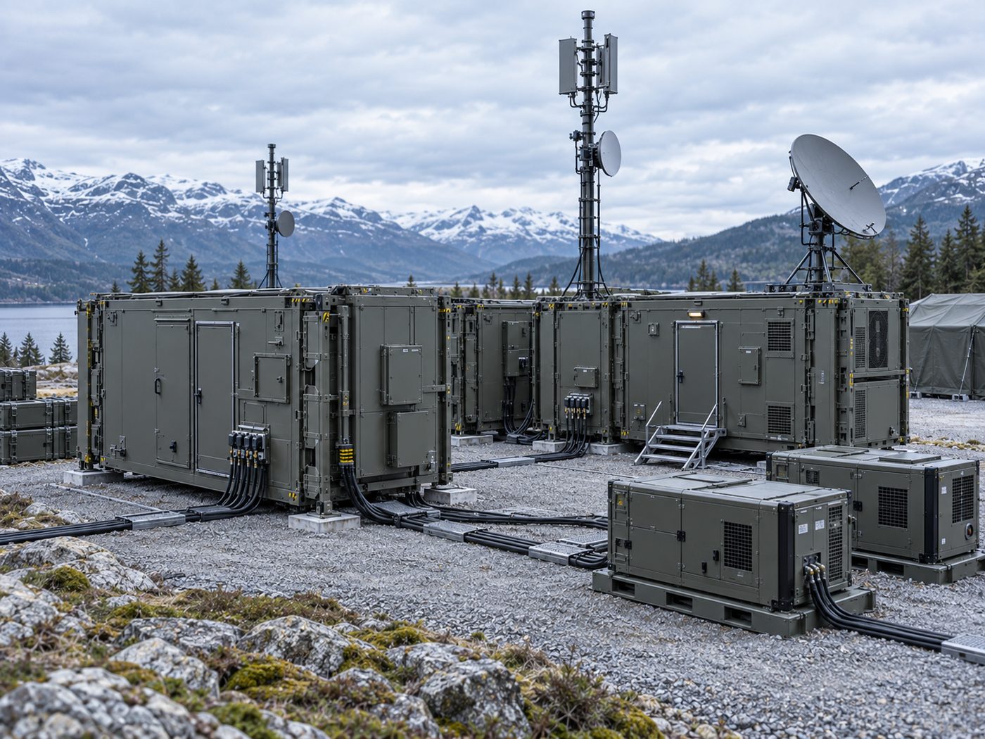 KI-generiert: Konzeptdarstellung mehrerer verbundener Infrastrukturmodule mit Antennen und Stromaggregaten im Freien