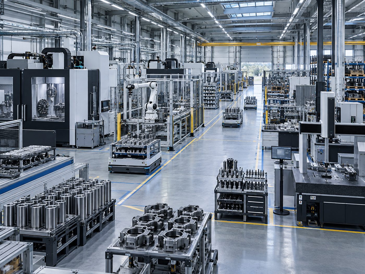 KI-generiert: Konzeptdarstellung einer modernen Fertigungshalle mit Bearbeitungszentren, Robotern und Werkstückträgern