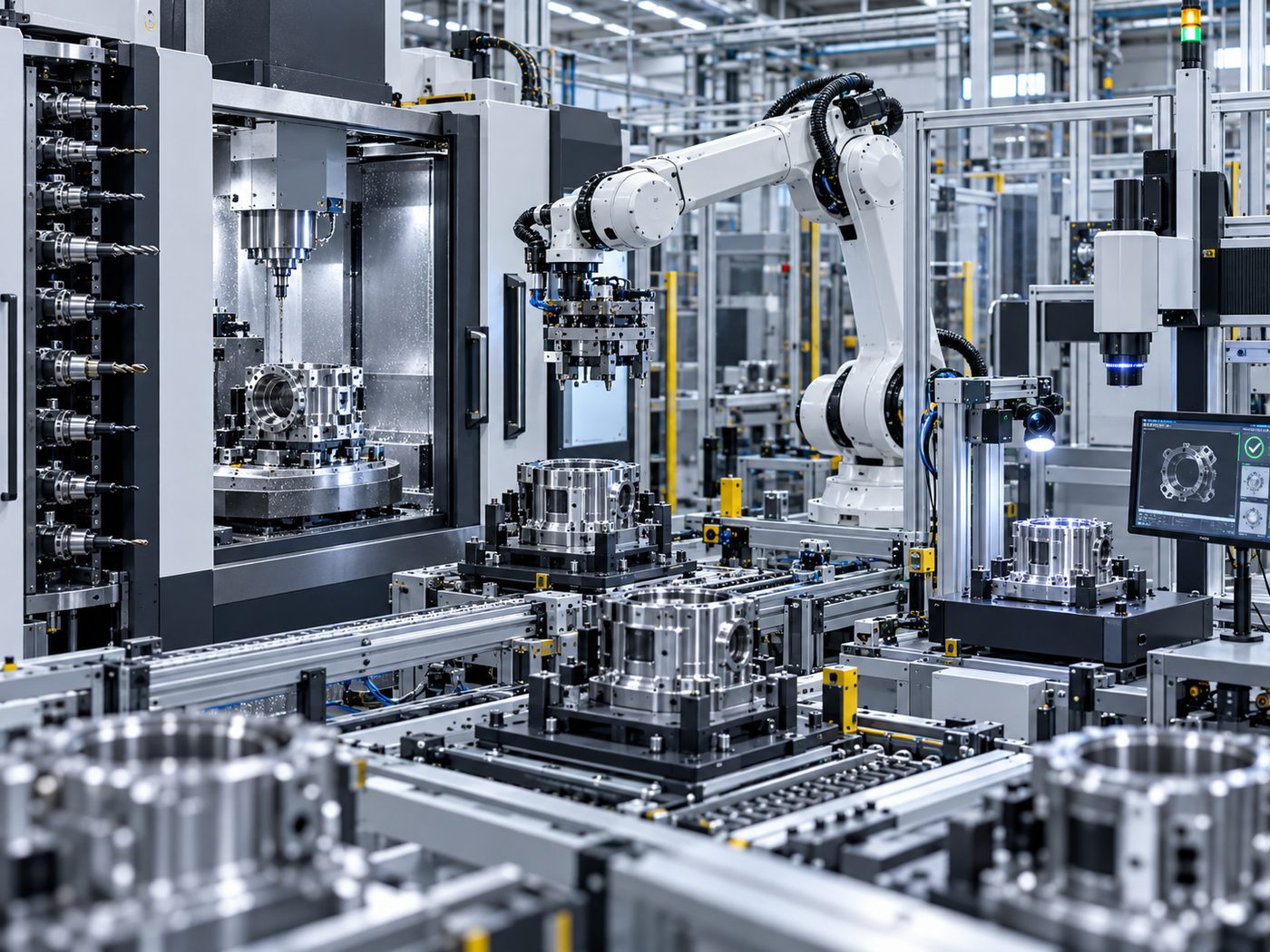 KI-generiert: Konzeptdarstellung einer Fertigungslinie mit Roboterarm, Bearbeitungszentrum und Messbildschirm
