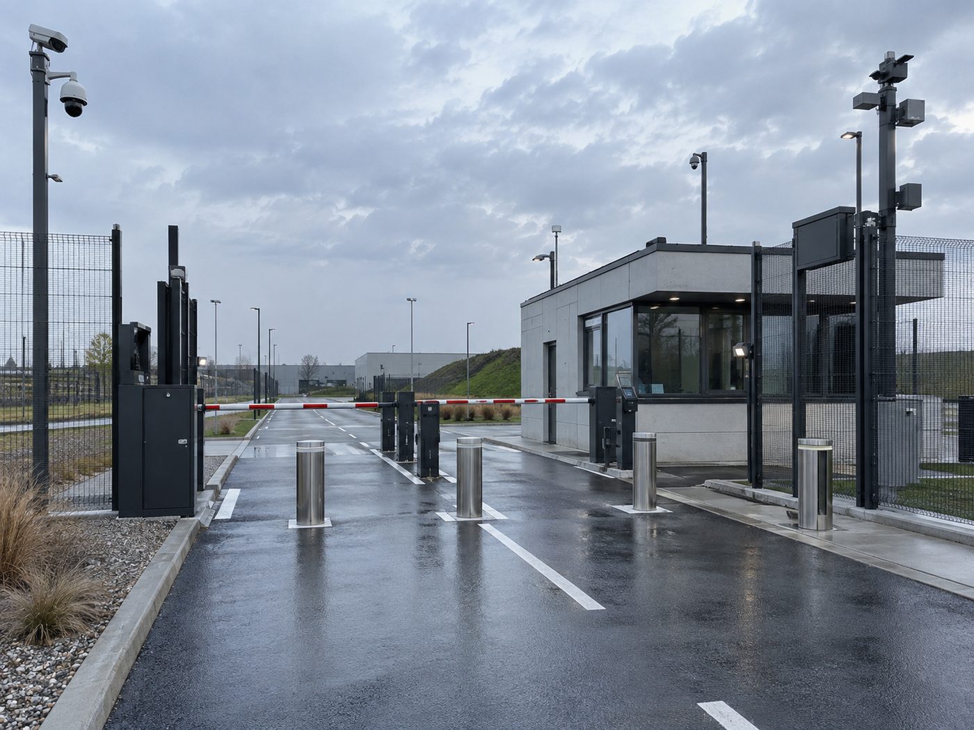 KI-generiert: Konzeptdarstellung einer Zufahrtskontrolle mit Schranken, Pollern, Kameras und Kontrollgebäude