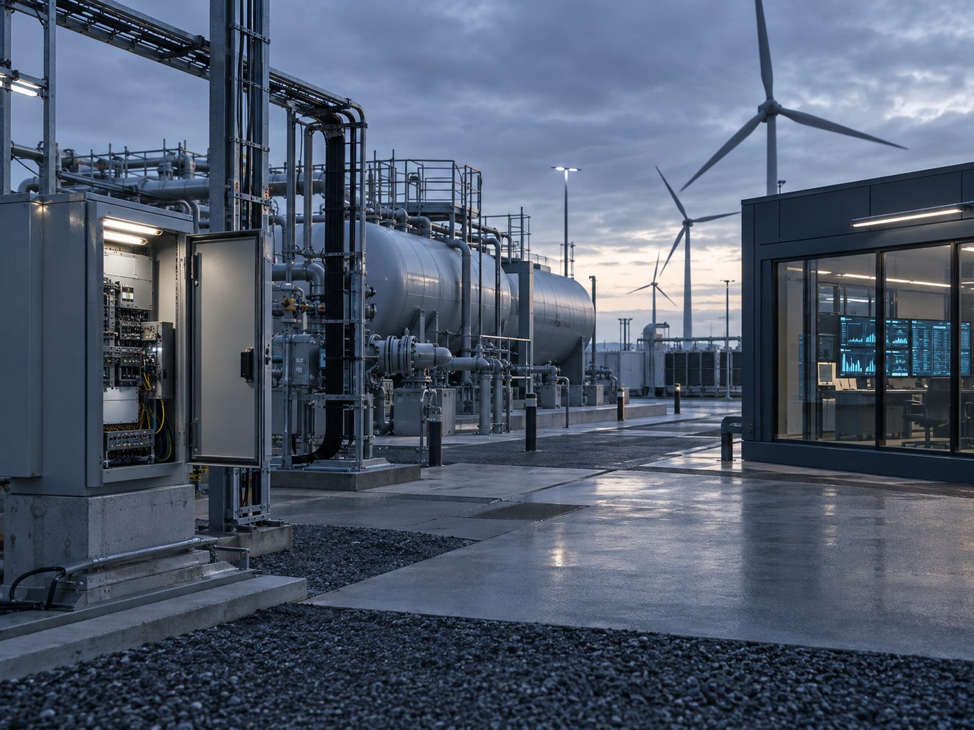 KI-generiert: Konzeptdarstellung einer Energie- und Technikanlage mit Schaltschrank, Windrädern und Kontrollraum im Hintergrund