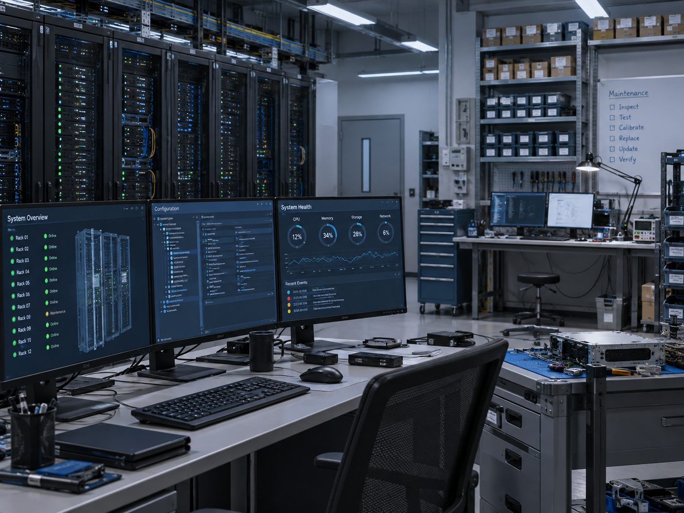 KI-generiert: Konzeptdarstellung eines Service- und Monitoringraums mit Serverracks, Monitoren und Ersatzteilregal