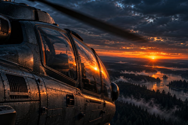 KI-generiert: Hubschrauber im Flug über einer bewaldeten Seenlandschaft bei Sonnenuntergang