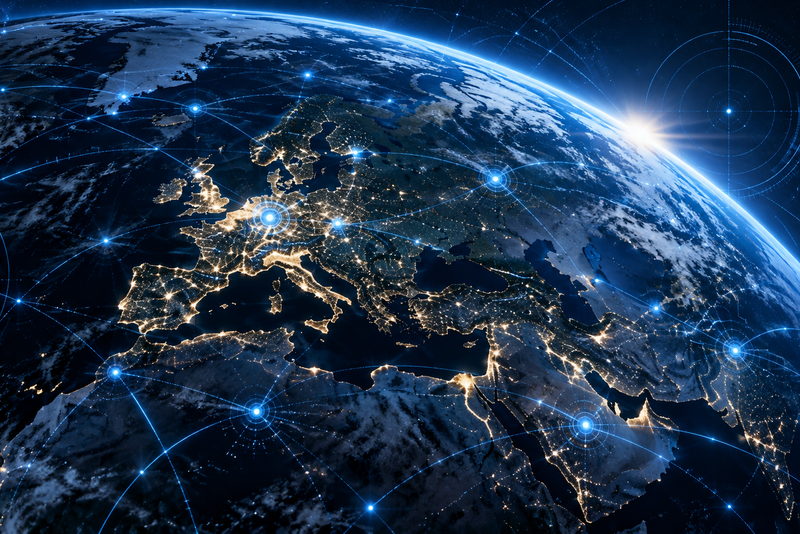 KI-generiert: Europa bei Nacht aus dem Orbit, beleuchtete Städte und stilisierte Verbindungslinien